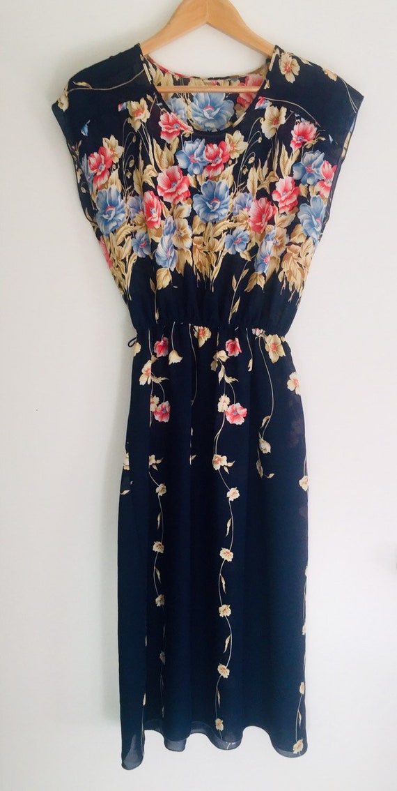 Vintage 1980s navy pink and blue floral daydress … - image 2