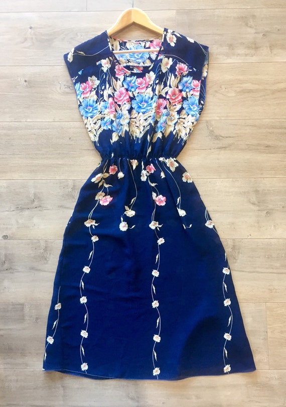 Vintage 1980s navy pink and blue floral daydress … - image 1