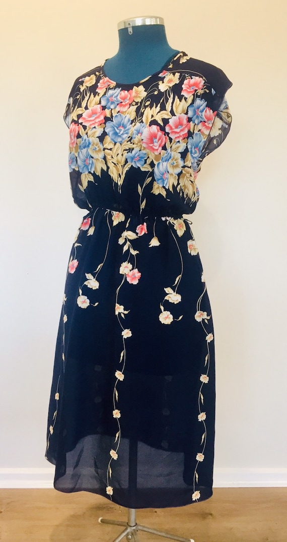 Vintage 1980s navy pink and blue floral daydress … - image 3