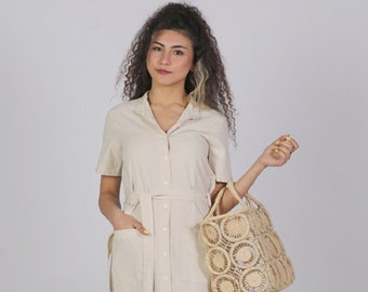 V-NECK DRESS, Flared Skirt, Maxi Length Dress, Natural Loose Half Sleeve Flared Skirt Midi Length Casual Buttoned Dress