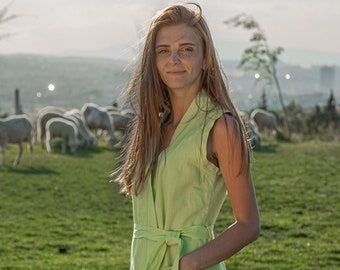 Robe midi en lin verte, robe bohème sans manches avec poches