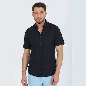 Linen Shirt For Men, Banded Collar Shirt, Halloween Gift Organic Linen Shirt, Short Sleeves Button Linen Shirt, Summer Regular Fit,Collar,