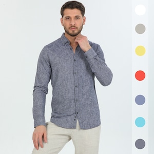 Anthracite Linen Shirt For Men, %100 Pure Linen Man Shirt, Long Sleeve Shirt With Buttons, Regular Cut Shirt, Handmade Shirt, Halloween Gift