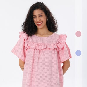 Cotton %100 Wrap Pink Dress, Boat Short Sleeve Women Dress, Baloon Sleeve Women Dress, Loose Cut Organic Cotton Natural Dress, Shirt Dress
