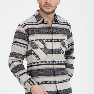 Vintage Wool Blend Flannel Shirt, Casual Men&#39;s Shirt, Lumber Jack shirt,Autumn Winter Casual  Warm Shirts, Aztec Ethnic Design