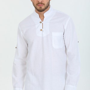 Men&#39;s Banded Collar Linen Shirt, Organic Cotton Blend, Long Sleeve