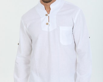 Linen Shirt For Men, Banded Collar Shirt, Organic Linen Shirt, Long Sleeves Linen Shirt,Summer Shirt,Regular Fit,Collar Shirt,Buttoned Shirt