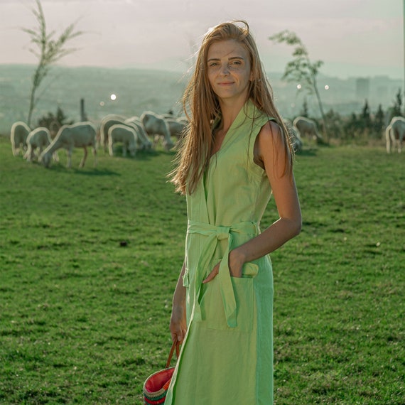 Green Linen Midi Dress, Sleeveless Boho Dress With Pockets - Etsy