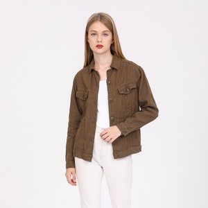 Pure Linen Brown - Pink Women Jacket, High Quality Women&#39;s Clothing, Herringbone Jacket, Winter Halloween Jacket , Linen Clothes For Women