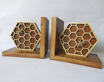 Honeycomb Bookends, Bee Bookends, Wooden Bookends, Book Stopper