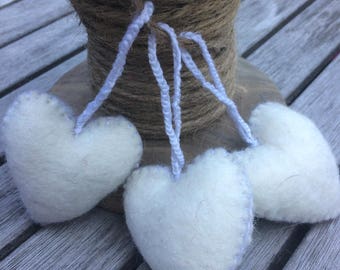 FREE SHIP 3 White Wool hearts, hand felted, with a string,  love