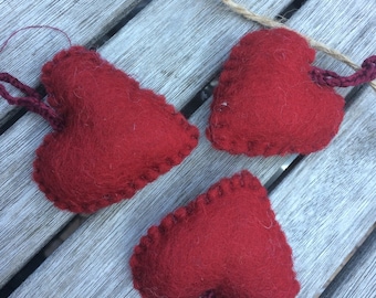 3 Red Wool hearts, hand felted, with a string,  Christmas , love, FREE SHIP