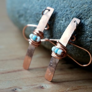 wire wrapped copper stick earrings - copper bar earrings - wire wrapped jewelry - turquoise and copper - gifts for her - dangle earrings