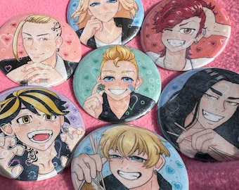 May include: Six round button pins featuring anime-style illustrations of six different characters. Each pin has a different color background and features hearts and other decorative elements.