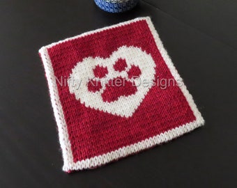 Cat Dog Paw Print Heart Potholder Knitting Pattern [ENGLISH ONLY, PDF Download]