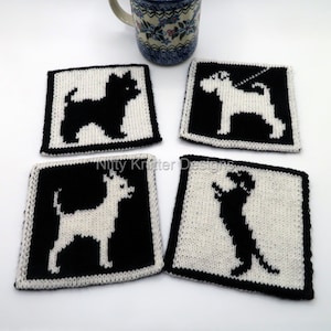 May include: Four knitted coasters featuring black and white silhouettes of dogs. Each coaster has a different dog breed.