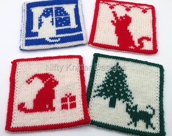 Christmas Cat Coasters Knitting Pattern: Holiday Decor, Reversible Double Knit (PDF Download, English Only)