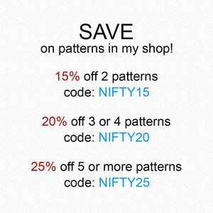 May include: White background with text offering discounts on patterns. The text reads "SAVE on patterns in my shop!" with offers of 15%, 20%, and 25% off, each with a corresponding code: NIFTY15, NIFTY20, and NIFTY25.