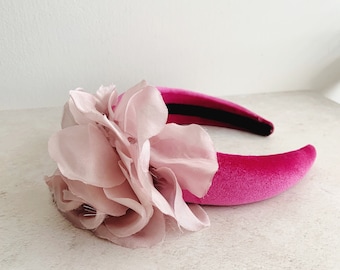 Pink silk flower & velvet padded headband