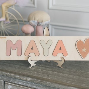 Wooden Name Puzzle with Heart Shape and Letters Educational Toys Montessori Birthday Gift Nursery Decoration image 1