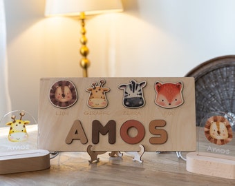 Rompecabezas de madera con nombres de animales, formas y letras - Juguetes educativos - Montessori - Regalo de cumpleaños - Decoración infantil