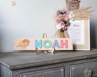 Wooden Name Puzzle with Dinosaurs Shapes and Letters  -Educational Toys - Montessori - Birthday Gift - Nursery Decoration -Personalised gift