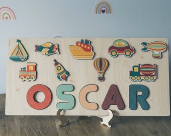 Rompecabezas de madera con nombres, formas y letras de viaje - Juguetes educativos - Montessori - Regalo de cumpleaños - Decoración infantil