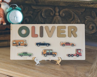 Wooden Name Puzzle with Car Shapes and Letters  -Educational Toys - Montessori - Birthday Gift - Nursery Decoration-Christmas Gift