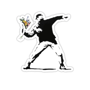 Zestaw 4 Banksy The Flower Thrower Design | Naklejka winylowa Wall Art Graffiti | Naklejka na okno, samochód, laptop Urban Art (Mała - 5 x 7 cm)