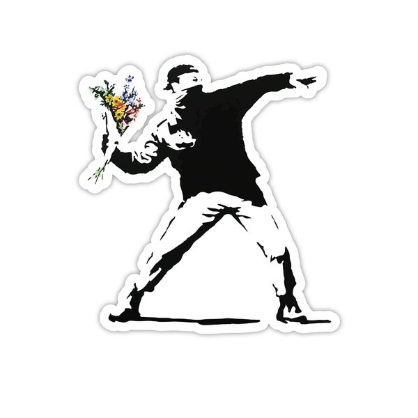 Pack of 4 Banksy The Flower Thrower Design | Wall Art Graffiti Vinyl Sticker | Urban Art Window, Car, Laptop Decal (Small - 5x7cm)