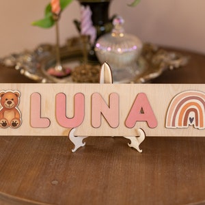 Wooden Name Puzzle with Rainbow, Bear Shape and Letters  -Educational Toys - Montessori - Birthday Gift - Nursery Decoration