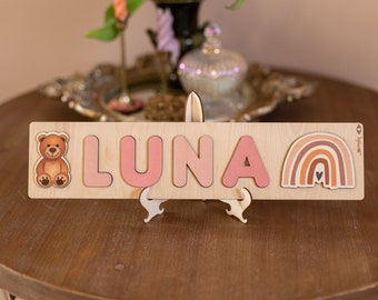 Wooden Name Puzzle with Rainbow, Bear Shape and Letters  -Educational Toys - Montessori - Birthday Gift - Nursery Decoration