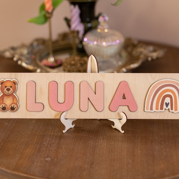 Rompecabezas de nombre de madera con arco iris, forma de oso y letras -Juguetes educativos - Montessori - Regalo de cumpleaños - Decoración de guardería