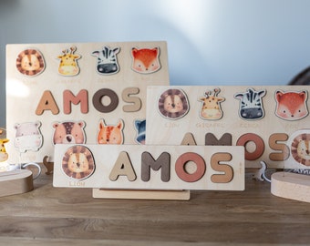 Rompecabezas de madera con nombres de animales, formas y letras - Juguetes educativos - Montessori - Regalo de cumpleaños - Decoración infantil (1 animal, 1 nombre)