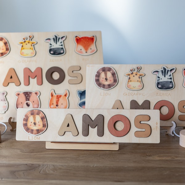 Puzzle Prénom en Bois avec Formes d'Animaux et Lettres - Jouets Éducatifs - Montessori - Cadeau d'Anniversaire - Décoration de Chambre d'Enfant ( 1 animal )