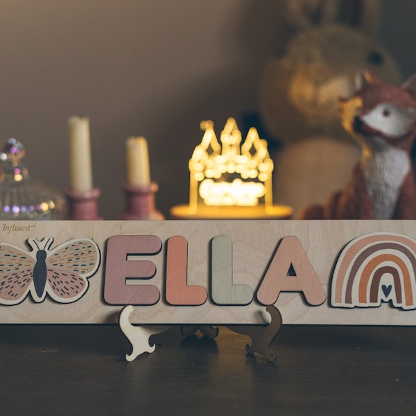 Wooden Name Puzzle with Rainbow&Butterfly Shape and Letters  -Educational Toys - Montessori - Birthday Gift - Nursery Decoration
