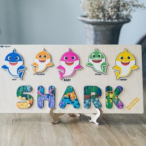 Wooden Name Puzzle with Animals Shapes and Letters-Baby Shark-Educational Toys - Montessori - Birthday Gift - Nursery Decoration