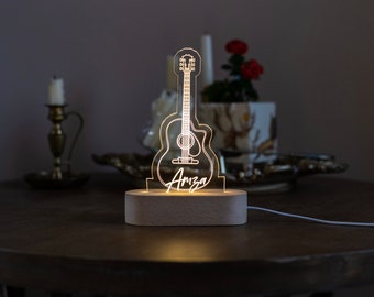 Nombre personalizado Lámpara USB acrílica cortada con láser para niños o niñas Diseño de guitarra - Decoración de guardería LED - Regalo personalizado