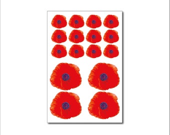 Set of 16 Small and Large Poppy Stickers - Poppies Flower - Decals Wall Window Car Remembrance Day Stickers Lest we Forget Stickers