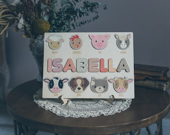 Wooden Name Puzzle with Farm Animals Shape and Letters  -Educational Toys - Montessori - Birthday Gift - Nursery Decoration-Christmas Gift