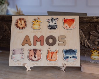 Rompecabezas de madera con nombres de animales y letras - Juguetes educativos - Montessori - Regalo de cumpleaños - Decoración infantil