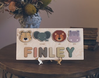 Rompecabezas de madera personalizado con nombres de animales - Regalo Montessori para bebés - Regalo para baby shower - Juguete educativo - Letrero de madera con nombre para bebé