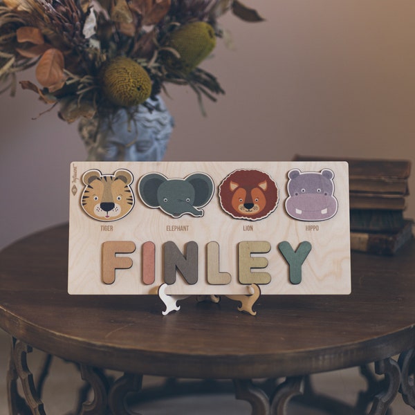 Wooden Name Puzzle with Animals Shapes and Letters  -Educational Toys - Montessori - Birthday Gift - Nursery Decoration-1st Birthday Present