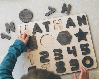 Wooden Name Puzzle with Shapes and Numbers - Baby Name Sign - Shapes and Numbers Name Puzzle - Montessori Toys