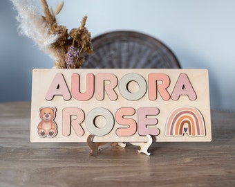 Rompecabezas de madera con forma de arcoíris y oso, letras y números - Juguetes educativos - Montessori - Regalo de cumpleaños - Decoración infantil