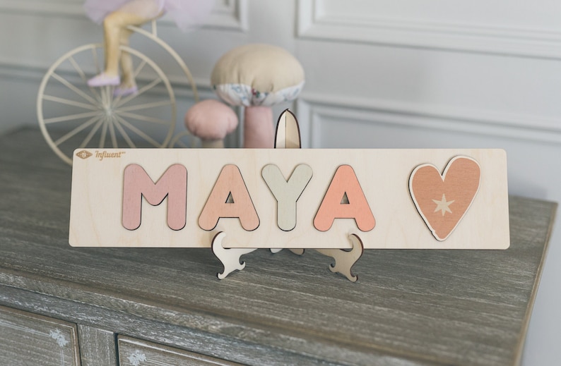 Wooden Name Puzzle with Heart Shape and Letters Educational Toys Montessori Birthday Gift Nursery Decoration image 1
