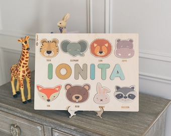 Namenspuzzle aus Holz mit Tierformen und Buchstaben - Lernspielzeug - Montessori - Geburtstagsgeschenk - Kinderzimmer Dekoration