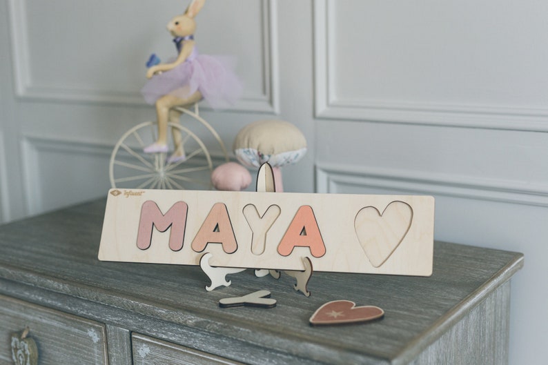 Wooden Name Puzzle with Heart Shape and Letters Educational Toys Montessori Birthday Gift Nursery Decoration image 4
