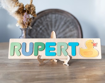 Rompecabezas de madera con nombre, forma de pato de goma y letras - Juguetes educativos - Montessori - Regalo de cumpleaños - Decoración infantil