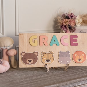 Namenspuzzle aus Holz mit Tierformen und Buchstaben – Lernspielzeug – Montessori – Geburtstagsgeschenk – Kinderzimmerdekoration